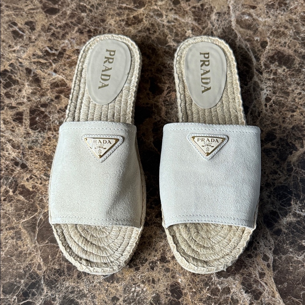 Prada suede light beige sandals flats slides gold gesso logo sz 40